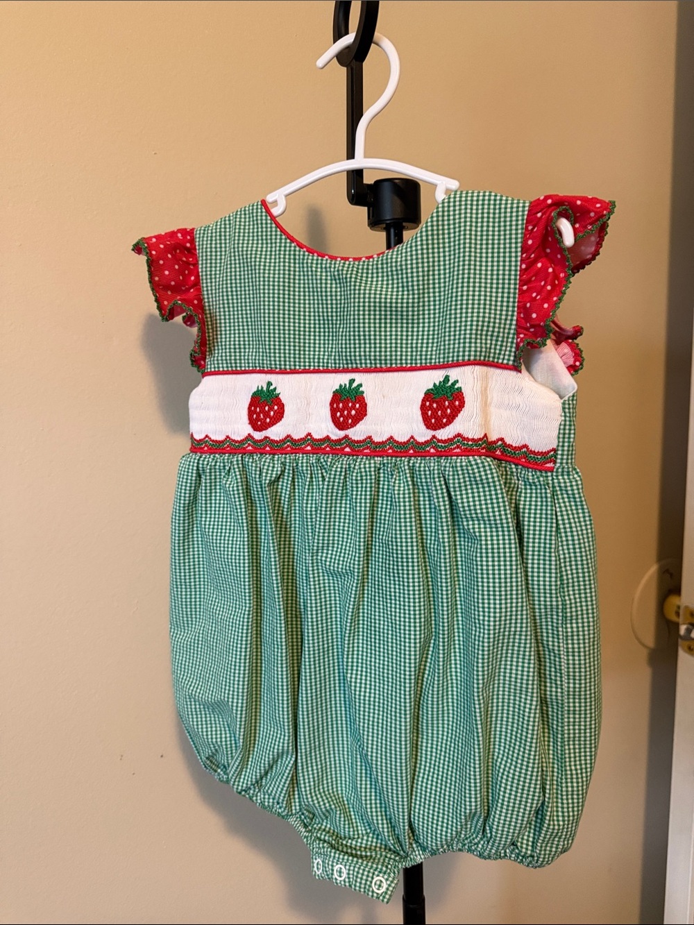 Green Gingham Strawberry Smocked One-Piece